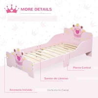 HOMCOM Cama Infantil de +3 Años 143x73x60 cm con Estampado de Corona Carga 50 kg para Dormitorio Rosa(m-4)
