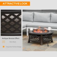 Outsunny Outdoor Fire Pit, Firepit with Grill Net, Mesh Lid, Poker, for Camping, Bonfire, Picnic, Bronze Tone(m-6)