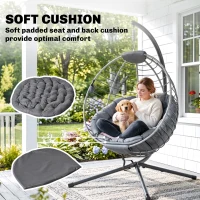 Outsunny PE Rattan Swing Chair, Outdoor Hanging Chair with Metal Stand, Thick Padded Cushion, Foldable Basket and Cup Holder, for Indoor and Outdoor, Grey(m-6)