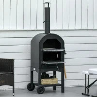 Outsunny Forno per Pizza e Barbecue a Carbone Portatile in Acciaio con Camino e Ruote, 63x54x161 cm, Nero(m-10)