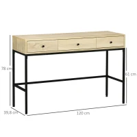 HOMCOM Table console table d'entrée structure en acier 3 tiroirs effet bois style industriel 120 x 39,8 x 78 cm naturel noir(m-3)