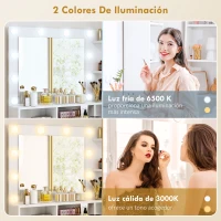 HOMCOM Tocador de Maquillaje con Luces LED y Taburete Espejo 10 Bombillas Cajón Estantes Compartimentos Blanco(m-4)