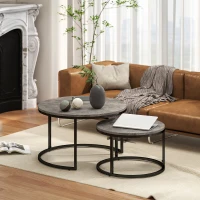 HOMCOM Industrial Nesting Coffee Table Set of 2, Round Coffee Tables, Living Room Table with Faux Marbled Top and Steel Frame(m-2)