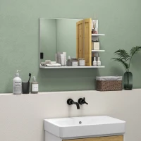 HOMCOM Bamboo Panel Bathroom Mirror, with Shelves - White(m-2)