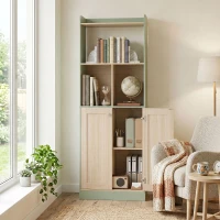 HOMCOM Bibliothèque à 5 niveaux, meuble de rangement, étagère à livres avec 2 portes, 60 x 30 x 161,2 cm vert et bois naturel(m-11)