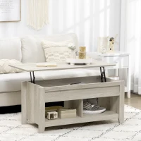 HOMCOM Lift Top Coffee Table w/ Hidden Storage Compartment Open Shelves Lift Tabletop Pop Up Centre Table for Living Room Oak Effect(m-2)