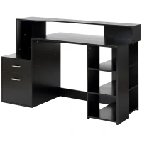 HOMCOM Secretária para computador com 2 gavetas, secretária com arrumação, 137 x 55 x 92 cm, prateleiras abertas e bandeja para impressora, estilo moderno, mesa para computador para quarto, estúdio, preto(m-7)