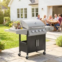 Outsunny 4+1 Burner Gas BBQ Grill with Side Burner, 14.5 kW Steel Portable Gas Barbecue Grill with Built-in Thermometer, Lid(m-9)