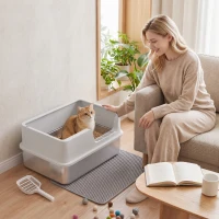PawHut Bac Litière pour Chat en INOX Couvercle Bords Hauts Pelle et Tapis Anti-Adhérent Anti-Odeurs 60x40x30cm Gris Clair(m-5)