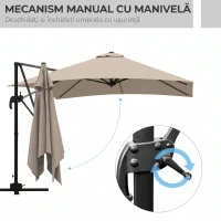Outsunny Umbrelă de soare 3x3 m suspendată cu 8 spițe, pedală și manivelă, din aluminiu și poliester, culoare kaki(m-6)