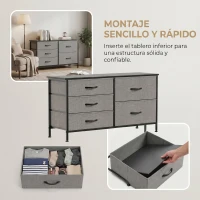 HOMCOM Cómoda con 5 Cajones de Tela Cómoda para Dormitorio Marco de Acero Cajonera para Salón Oficina Gris Oscuro y Negro(m-7)