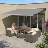 Outsunny 4x3m Full Cassette Electric/Manual Retractable Awning with LED Light and Remote Controller, Sun Canopies for Patio Door Window, Grey(m-9)