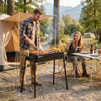 Outsunny Barbacoa de Carbón con 2 Parrillas de Acero Inoxidable Barbacoa Portátil con 2 Especieros para Camping 94x39x70 cm Negro(m-2)