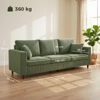 HOMCOM 3 Seater Sofa with Wide Seat, Corduroy Fabric Couch with Deep Seat, Spring Cushion, Green(m-3)