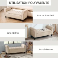 HOMCOM Banc de rangement bout de lit avec accoudoirs, tissu effet velours rembourré et capitonné, 126 x 48,5 x 57 cm, beige(m-7)