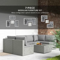 Outsunny 7 Pieces Rattan Garden Furniture Set, 6 Seater Garden Corner Sofa with Cushions and Glass Top Table, Sectional Outdoor Furniture Conservatory Set for Patio, Grey(m-4)