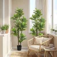 HOMCOM Lot de 2 plantes artificielles intérieures 150 cm, fausse plante à figuier lyre avec pot en ciment, vert(m-9)