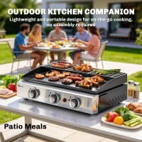Outsunny 3 Burner Grill Griddle, Portable Gas Plancha with Warming Rack, 7.5 kW, Tabletop Gas BBQ with Grease Cup, Black(m-7)
