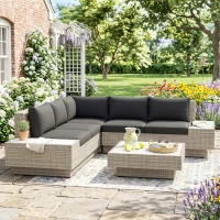 Outsunny 4 PCs Rattan Garden Furniture Outdoor Sectional Corner Sofa and Coffee Table Set - Conservatory Wicker Weave Furniture with Armrest and Cushions, Light Grey(m-2)