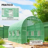 Outsunny Serra per Orto a Tunnel 3.5x2x2m in PE e Metallo con 6 finestre e Porta Avvolgibile, Verde(m-6)