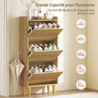 HOMCOM Meuble à chaussures 18 paires, armoire à chaussures étroite, 3 tiroirs rabattables étagères réglables, 60x24x128cm, chêne(m-5)