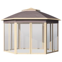 Outsunny Gazebo Pieghevole da Giardino 4x3.4 m ad Altezza Regolabile con Zanzariera e Doppio Tetto, Beige(m-11)