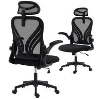 HOMCOM Scaun de Birou Ergonomic cu Brațe Rabatabile, Suport Lombar și Tetieră Reglabilă, Negru(m-11)