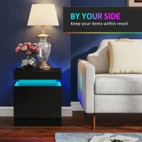 HOMCOM Black Bedside Table with LED Light, High Gloss Front Nightstand with 2 Drawers, for Living Room, Bedroom, Set of 2(m-5)