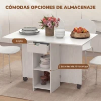 HOMCOM Mesa de Cocina Plegable con Ruedas Alas Abatibles Cajón y Estantes para 2-4 Personas 120x72x75 cm Blanco(m-4)