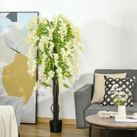 HOMCOM Artificial Plant White Wisteria Tree Faux Decorative Plant in Nursery Pot for Indoor Decor, 160cm(m-2)