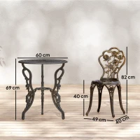 Outsunny Garden Bistro Set with Umbrella Hole, 3 Piece Cast Aluminium Garden Furniture Set, Antique Floral Round Coffee Table and Chairs, Small Balcony Furniture for Outdoor, Patio, Brown Tone(m-3)