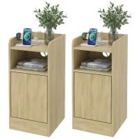 HOMCOM Slim Bedside Table Set of 2 with Charging Station, Narrow Bedside Cabinet with Adjustable Shelf, Oak(m-15)