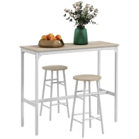 HOMCOM Ensemble table haute de bar + 2 tabourets structure en acier plateau aspect bois naturel 2 personnes blanc(m-11)