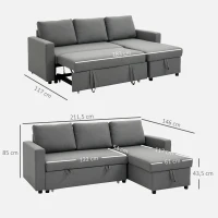 HOMCOM Sofá de Canto com Função de Dormir Baú Chaise Longue Sofá-Cama Sofá de Tecido em L Aspeto Linho 211,5x146x85 cm Cinza Claro(m-3)