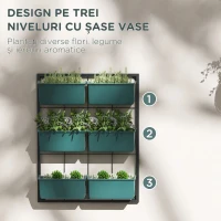 Outsunny Grădină Verticală de Perete pe 3 Niveluri cu 6 Ghivece, din Oțel și Plastic, 52x14x66 cm, Verde(m-5)