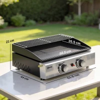 Outsunny 2 Burner Grill Griddle, Portable Gas Plancha with Warming Rack, 5 kW, Tabletop Gas BBQ with Grease Cup, Black(m-3)
