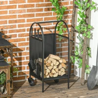 Outsunny Range-bûches porte bûches sur roulettes avec accessoires pelle balai et tisonnier 37,5 x 37,5 x 80 cm noir(m-2)