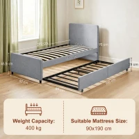 HOMCOM 3ft Single Bed Frame with Trundle, Upholstered Pull Out Trundle Bed with Headboard and Footboard, Light Grey(m-3)