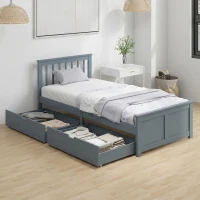 HOMCOM Pine Storage Bed, 3ft Single Solid Wooden Bed Frame with Drawers, Headboard, Wood Slat Support, Grey(m-2)