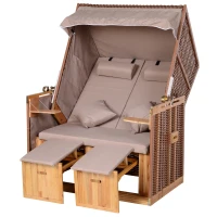 Outsunny Corbeille de plage 2 places - Cabine chaise de plage inclinable - abri plage strandkorb - coussins, repose-pieds, tablettes, pare-soleil - bois résine tressée polyester taupe(m-11)