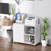 HOMCOM Mobile Porta Stampante con 3 Cassetti in Legno, Mobile Ufficio Multiuso con 4 Ruote e Ripiani Aperti, 80x40x65cm, Bianco(m-9)