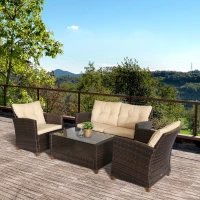 Outsunny Set Mobili da Giardino 4 Pezzi in Rattan PE e Tavolino, Divano e Poltrone Imbottiti Marrone e Beige 124x68x76cm(m-10)