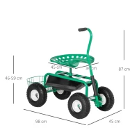Outsunny Asiento de Jardín con Ruedas Asiento Giratorio y Ajustable en Altura Bandeja de Herramientas Cesta para Exterior Verde(m-3)