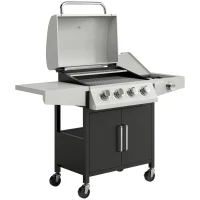 Outsunny 4+1 Burner Gas BBQ Grill with Side Burner, 14.5 kW Steel Portable Gas Barbecue Grill with Built-in Thermometer, Lid(m-1)