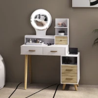 HOMCOM Tocador con Espejo y Luces LED Ajustables con 5 Cajones 4 Compartimentos y 1 Estante 100x44x137 cm Blanco y Natural(m-10)