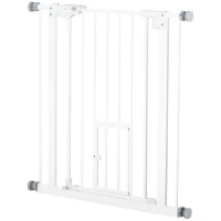 PawHut Barrera de Seguridad Extensible con Puerta Pequeño Cierre Automático y Sistema de Doble Bloqueo 74-80x76,2 cm Blanco(m-12)