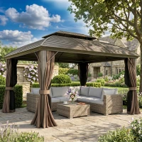 Outsunny 3.65 x 3(m) Hardtop Steel Gazebo Canopy with Aluminium Frame, Double Roof, Net Sidewalls and Curtains, Coffee(m-3)