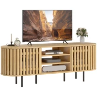 HOMCOM Meuble TV, meuble télé pour téléviseur 60 pouces, 2 portes à lattes, 140x40x52cm, bois naturel(m-11)