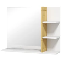 HOMCOM Bamboo Panel Bathroom Mirror, with Shelves - White(m-11)