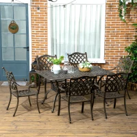 Outsunny 7 PCs Garden Patio Dining Set with Parasol Hole, Cast Aluminium Outdoor Furniture Set with Six Cushioned Chairs and Rectangle Dining Table, for Garden, Lawn, Deck, Bronze Tone(m-2)
